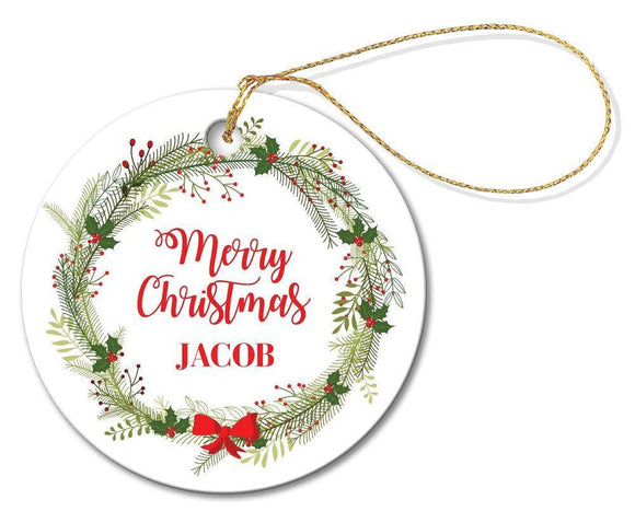 Christmas Wreath Round Porcelain Ornament