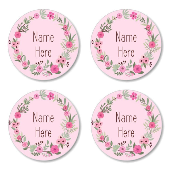 Flower Wreath Round Name Labels 30pk